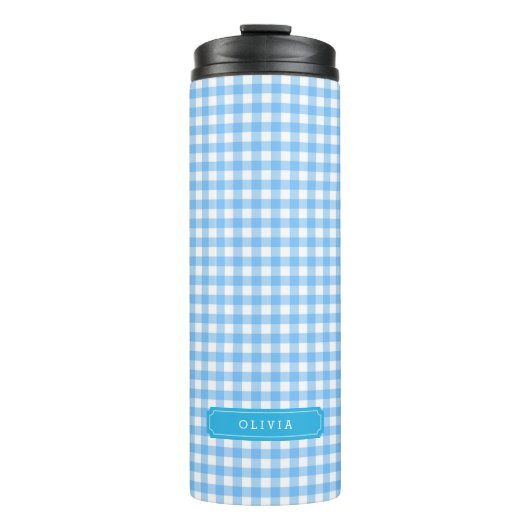 Persoonlijk babyblauw Gingham Monogram Thermosbeker (Voorkant)
