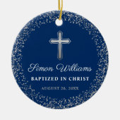 Persoonlijk baptisme Christening Navy Blue Silver Keramisch Ornament (Voorkant)