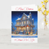 Persoonlijk besneeuwd kersthuis kaart (Gele Bloem)