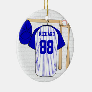 Persoonlijk blauw en wit Baseball Jersey Keramisch Ornament