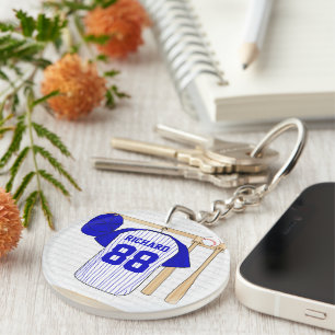 Persoonlijk blauw en wit Baseball Jersey Sleutelhanger