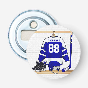 Persoonlijk blauw en wit ijs Hockey Jersey Button Flesopener