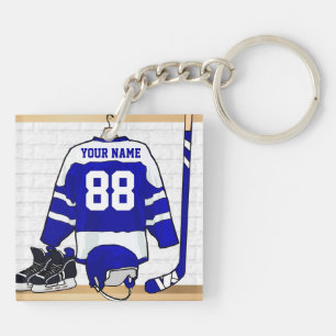 Persoonlijk blauw en wit ijs Hockey Jersey Sleutelhanger