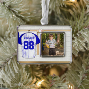 Persoonlijk Blauw en Witte Baseball Jersey Verzilverd Kader Ornament