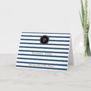 Persoonlijk blauw gestreept monogram Hartelijk dan Bedankkaart