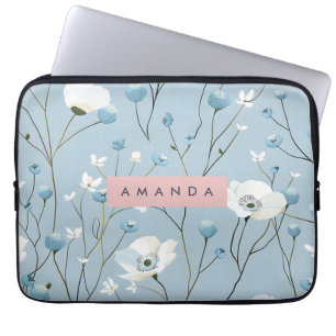 Persoonlijk Blauwe Bloemige Weide Ontwerp Laptop Sleeve