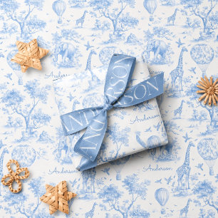 Persoonlijk Blauwe Toile Safari Baby Shower Cadeau Cadeaupapier