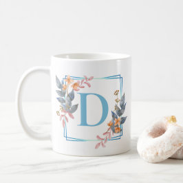 Persoonlijk Blauwe Vierkante Bloemenrand Monogram  Koffiemok