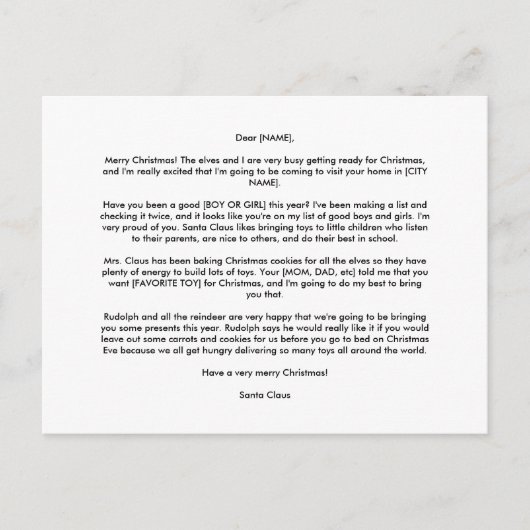 Persoonlijk BRIEFKAART van SANTA (Voorkant)