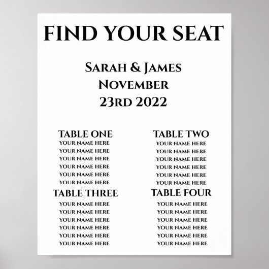 Persoonlijk bruiloft zitplaatsen overzicht (Voorkant)
