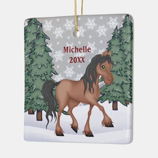Persoonlijk bruin paard Winter Forest Kerstmis Keramisch Ornament (Links)