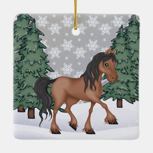 Persoonlijk bruin paard Winter Forest Kerstmis Keramisch Ornament (Achterkant)