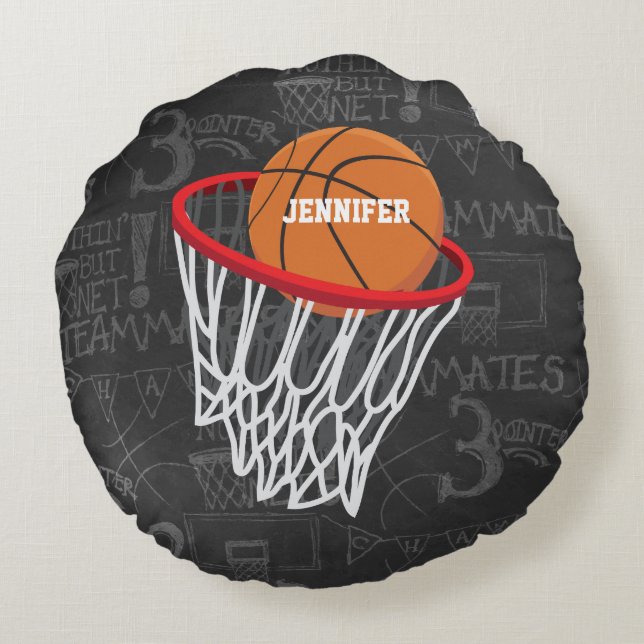 Persoonlijk Chalkboard Basketball en Hoop Rond Kussen (Achterkant)