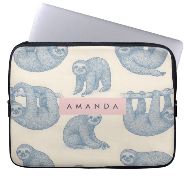 Persoonlijk Charmant Elegant Blauw Luiaard Patroon Laptop Sleeve (Voorkant)