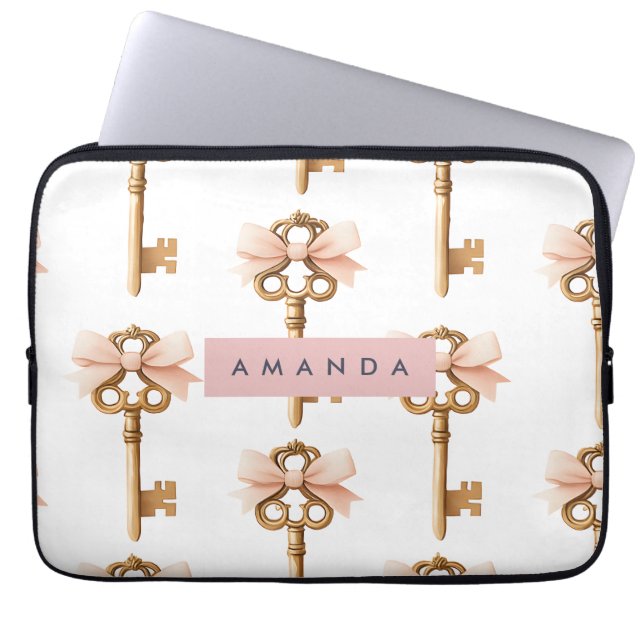 Persoonlijk Coquette Patroon Gouden Sleutel & Roze Laptop Sleeve (Voorkant)