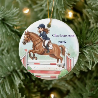 Persoonlijk Cute Bruin-Harig Meisje Paard Springen Keramisch Ornament