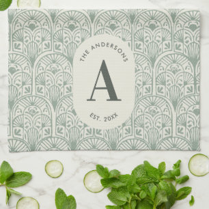 Persoonlijk familienaammonogram saliegroen decorat theedoek