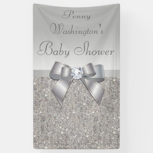 Persoonlijk Faux Silver Sequins Bow-Baby shower Spandoek (Verticaal)