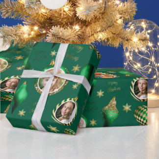Persoonlijk Foto Smaragdgroene Gouden Kerstmis Cadeaupapier