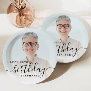 Persoonlijk Foto Zwarte Script 50ste Verjaardag Papieren Bordje