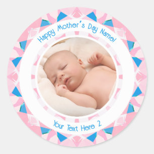 Persoonlijk Fotobericht Roze Blauw Moederdag Ronde Sticker