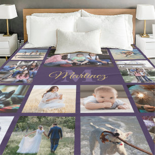 Persoonlijk Fotocollage Paars en Goud Schrift Fleece Deken