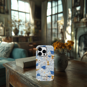 Persoonlijk Geborduurd Blauw en Goud Bloemmotief Case-Mate iPhone 14 Pro Hoesje