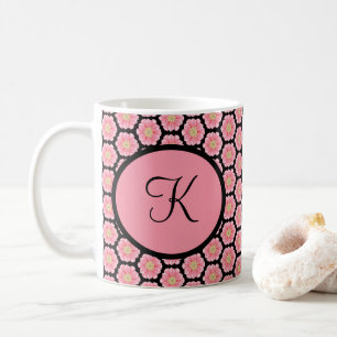 Persoonlijk geborduurd Roze en Zwart Bloemmotief Koffiemok