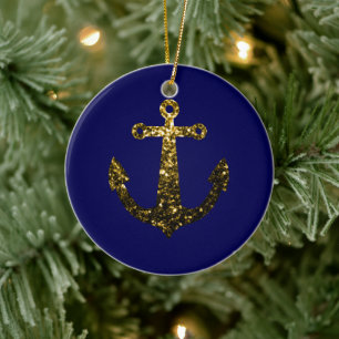 Persoonlijk Geel Goud glinstert Anker Marineblauw Keramisch Ornament