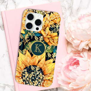 Persoonlijk Geglitterde Moderne Zonnebloem Monogra iPhone 15 Pro Max Hoesje