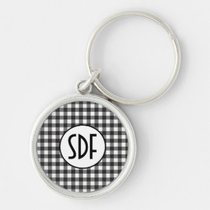 Persoonlijk gemerkte zwart-wit geruite monogram sleutelhanger