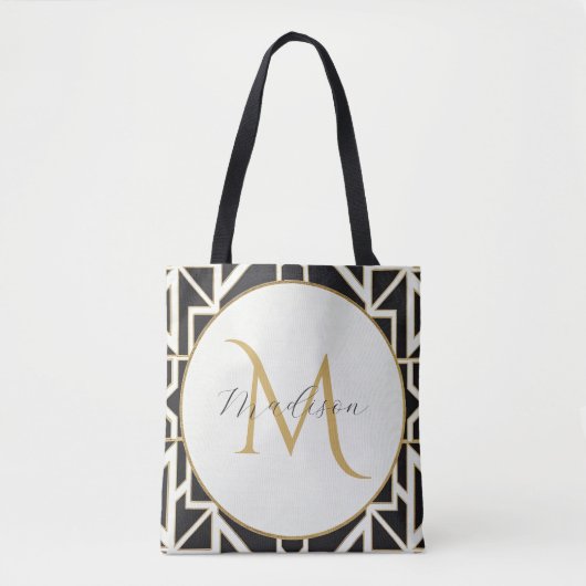 Persoonlijk geometrisch zwart wit goud monogram draagtas (Voorkant)