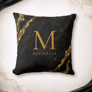 Persoonlijk Glam Zwart Marmer Gouden Monogram Kussen