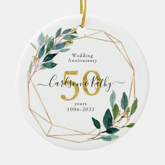 Persoonlijk Gold Greenery 50 Jubileum Keramisch Ornament (Voorkant)
