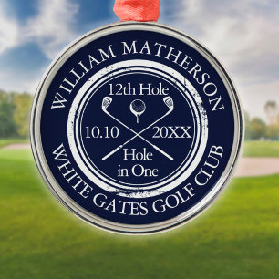Persoonlijk golf hole in one marineblauw metalen ornament