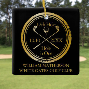 Persoonlijk Golf Hole in One Retro Zwart en Goud Keramisch Ornament