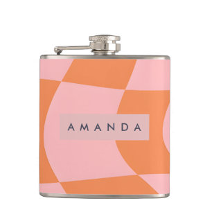 Persoonlijk Golvend Retro Oranje & Roze Geruit Heupfles
