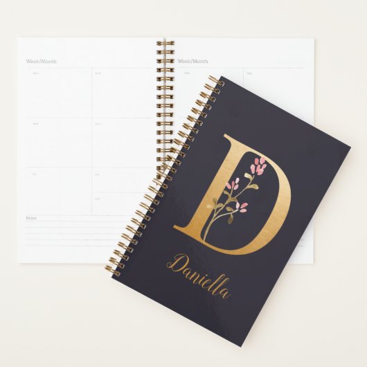 Persoonlijk gouden blauw elegant bloemig monogram planner (Display)