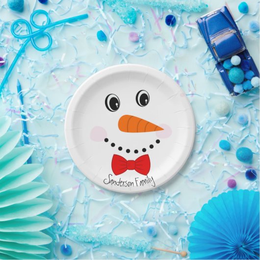 Persoonlijk Happy Face Snowman Red Bowtie Papieren Bordje (Feest)
