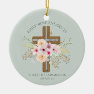 Persoonlijk Heilig Communie Bloemkruis Keramisch Ornament
