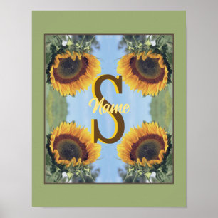 Persoonlijk Initial Monogram Naam Zonnebloem Kunst Poster