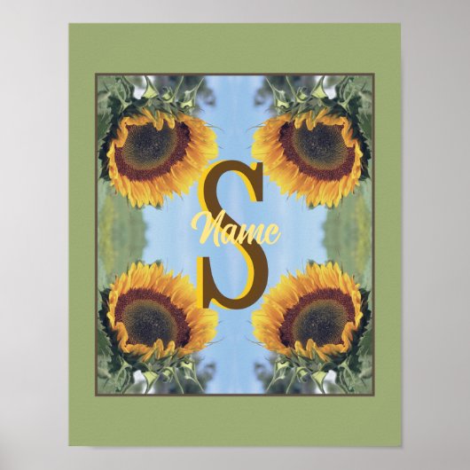 Persoonlijk Initial Monogram Naam Zonnebloem Kunst Poster (Voorkant)