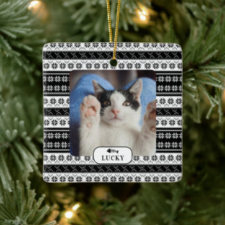 Persoonlijk kat zwart breipatroon huisdier foto keramisch ornament
