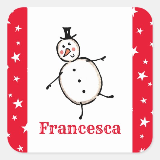 Persoonlijk kerstcadeautje Snowman Square Sticker (Voorkant)