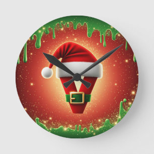 Persoonlijk Kerstmonogram V met Santa-hoed Ronde Klok