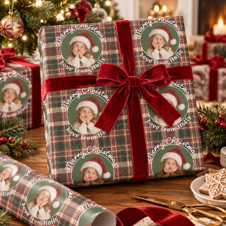 Persoonlijk kinderfoto Schotse ruit kerstmis Cadeaupapier