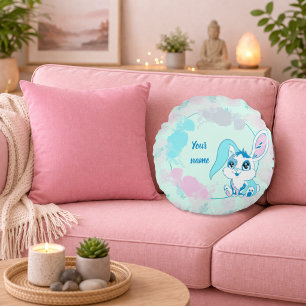 Persoonlijk Konijn Schattig Blauw Kawaii Rond Kussen