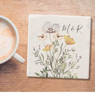 Persoonlijk koppelmonogram gedroogde wilde bloem stenen onderzetter