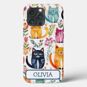 Persoonlijk leuk katten en bloemen patroon iPhone 13 pro hoesje