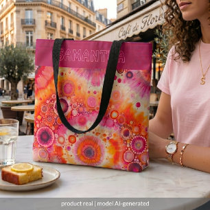 Persoonlijk leuk oranje roze batik kunstpatroon draagtas